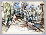 Rue de Montmartre avec calèche et moulin dans le fond by Gen Paul, Aquarelle gouachée sur papier doublé sur carton fort, sold Jun 2019