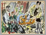 Trois personnes attablées prenant le café en extérieur by Gen Paul, 1925, Aquarelle gouachée sur papier doublé sur carton fort, sold Jun 2019