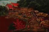 Sans titre by Truong van Thanh, Panneau en laque polychrome avec rehauts or, représentant une scène de marché au bord de l, sold May 2025