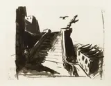 Vue de ville avec un escalier by Patrice Giorda, 1996, Lithographie imprimée en noir et rehaussée de lavis noir, sold Mar 2017
