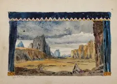 Deux projets de décors de théatre, 1930 et 1956. Le premier pour Diane de Poitiers : by Alexandre Benois, Aquarelle sur papier bleu, sold Oct 2024