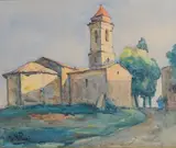 Chapelle Notre-Dame-de-Protection, Haut-de-Cagnes by Jean Villeri, Aquarelle et fusain sur papier, sold Oct 2024