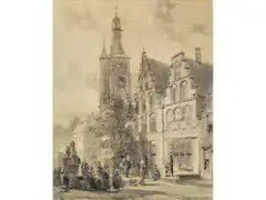In den Strassen von Zaltbommel by Cornelis Springer, charcoal, sold Mar 2025