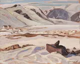 R.C.M.P. Post at Alexandra Fiord by Maurice Hall Haycock, 1968, oil on board, sold Apr 2022