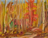 Cabin in the Woods by A. Y. Jackson, 1960, oil on board, sold Apr 2022