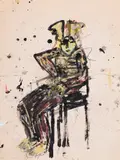 Bunny Man on Chair by John Scott, mixed media on paper, sold Mar 2022