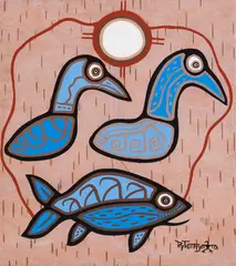 Loons and Fish by Roy Thomas, acrylic on birchbark, sold Feb 2022