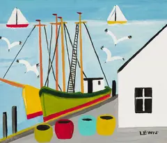 Boats at Wharf by Maud Lewis, 1965, oil on board, sold Jan 2022