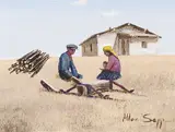 Other Boy is at School by Allen Sapp, 1976, acrylic on canvas, sold Jan 2022