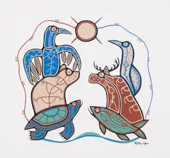 Turtle, Bear, Loons, Moose and Fish by Roy Thomas, acrylic on paper, sold Jan 2022