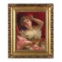 Woman with Pink Rose by Louis Marie De Schryver, Oil on canvas, sold Nov 2024