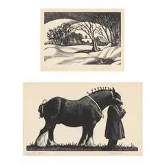 Winter Scene and Shire Horse by Clare Leighton, Both are wood engravings;, sold Oct 2024