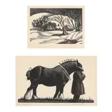 Winter Scene and Shire Horse by Clare Leighton, Both are wood engravings;, sold Oct 2024