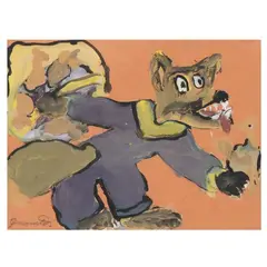 Folk Art Painting of a Wolf by Juanita Rogers, Paint and gouache on paper, sold Oct 2024