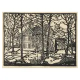 Sunlight and Shadow on the Old Schoolhouse by Mabel Pugh, Woodblock print on Japan paper, sold Oct 2024