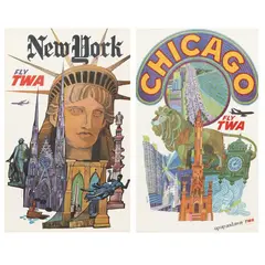 Two Vintage "Fly TWA" Posters, New York and Chicago by David Klein, Lithographic and offset lithographic posters in colors, sold Oct 2024