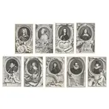 Nine Framed Engravings from The Heads of Illustrious Persons of Great Britain by Jacobus Houbraken, Each an engraving on laid paper, sold Sep 2024