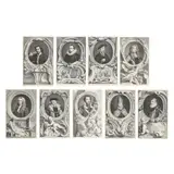 Nine Framed Engravings from The Heads of Illustrious Persons of Great Britain by Jacobus Houbraken, Each an engraving on laid paper, sold Sep 2024