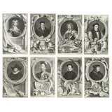 Eight Framed Engravings from The Heads of Illustrious Persons of Great Britain by Jacobus Houbraken, Each an engraving on laid paper, sold Sep 2024