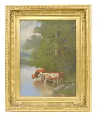 Cows in stream landscape by Herbert Fish, oil on canvas, sold May 2024