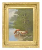 Cows in stream landscape by Herbert Fish, oil on canvas, sold May 2024