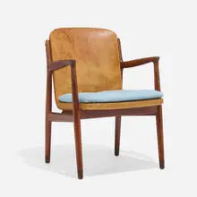 Armchair by Harbo Sølvsten, c. 1955, teak, leather, rosewood, wool upholstery, sold Nov 2022