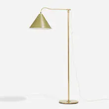 Floor lamp by Lyfa, c. 1955, brass, enameled aluminum, sold Nov 2022