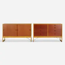 Cabinets, pair by Børge Mogensen, c. 1955, teak, oak, lacquered wood, enameled steel, sold Nov 2022