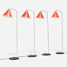 Floor lamps, set of four by Lyfa, c. 1960, aluminum, enameled aluminum, enameled steel, sold Nov 2022