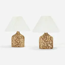 Table lamps, pair by Haico Nitzsche, c. 1970, glazed stoneware, Bakelite, paper shades, sold Nov 2022