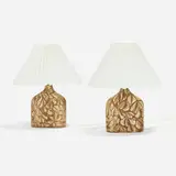 Table lamps, pair by Haico Nitzsche, c. 1970, glazed stoneware, Bakelite, paper shades, sold Nov 2022