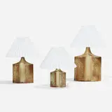 Table lamps, set of three by Haico Nitzsche, c. 1970, glazed stoneware, Bakelite, paper shades, sold Nov 2022