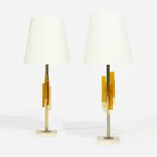 Table lamps, pair by Svend Aage Holm-Sørensen, c. 1960, glass, travertine, brass, linen, sold Nov 2022