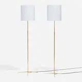 Floor lamps, pair by Svend Aage Holm-Sørensen, c. 1950, brass, linen, sold Nov 2022