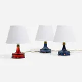 Table lamps, set of three by Carl Fagerlund, c. 1965, glass, brass, linen shades, sold Nov 2022