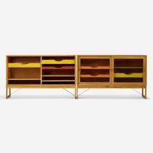 Cabinets, pair by Børge Mogensen, c. 1955, oak, glass, lacquered wood, enameled steel, sold Nov 2022
