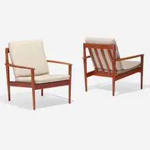 Lounge chairs model PJ 56, pair by Grete Jalk, 1956, teak, upholstery, sold Nov 2022