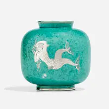 Argenta vase by Wilhelm Kåge, 1953, glazed stoneware, silver, sold Nov 2022