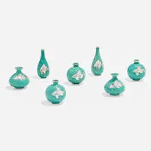 Argenta miniature vases, collection of seven by Wilhelm Kåge, c.1930, glazed stoneware, silver inlay, sold Nov 2022