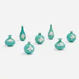 Argenta miniature vases, collection of seven by Wilhelm Kåge, c.1930, glazed stoneware, silver inlay, sold Nov 2022