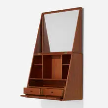 Wall-mounted vanity by Poul Jensen, c. 1957, teak, mirrored glass, sold Nov 2022