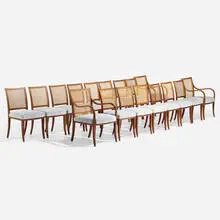 Dining chairs, set of seventeen by attribution Frits Henningsen, c. 1935, teak, cane, upholstery, sold Nov 2022
