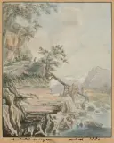 zugeschrieben Felsige Landschaft mit Fluss und Hängebrücke by Johann Balthasar Bullinger, watercolor, sold Mar 2024