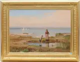 Spielender Junge mit Segelbooten by Nathanaël Lemaitre, oil on canvas, sold Mar 2024