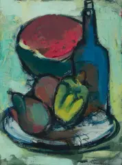 Stillleben mit Melone und Flasche by Mario Comensoli, oil on board, sold Mar 2024