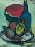 Stillleben mit Melone und Flasche by Mario Comensoli, oil on board, sold Mar 2024