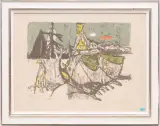 Schlitten und Hund by Alois Carigiet, 1962, color lithograph, offered Mar 2024