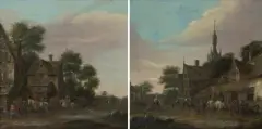 Gegenstücke: Belebte Dorfstrasse mit Reitern vor einem Wirtshaus / Bei der Tränke by Thomas Heeremans, oil on canvas, offered Dec 2023