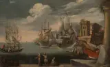 Umkreis Mediterrane Hafenszene mit Schiffen und Turm by Agostino Tassi, oil on canvas, offered Dec 2023
