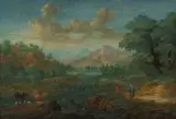 Flusslandschaft mit Tier- und Figurenstaffage by Holland, 18.Jh., oil on panel, offered Dec 2023